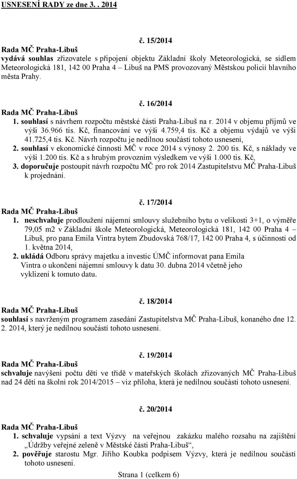 16/2014 1. souhlasí s návrhem rozpočtu městské části Praha-Libuš na r. 2014 v objemu příjmů ve výši 36.966 tis. Kč, financování ve výši 4.759,4 tis. Kč a objemu výdajů ve výši 41.725,4 tis. Kč. Návrh rozpočtu je nedílnou součástí tohoto usnesení, 2.