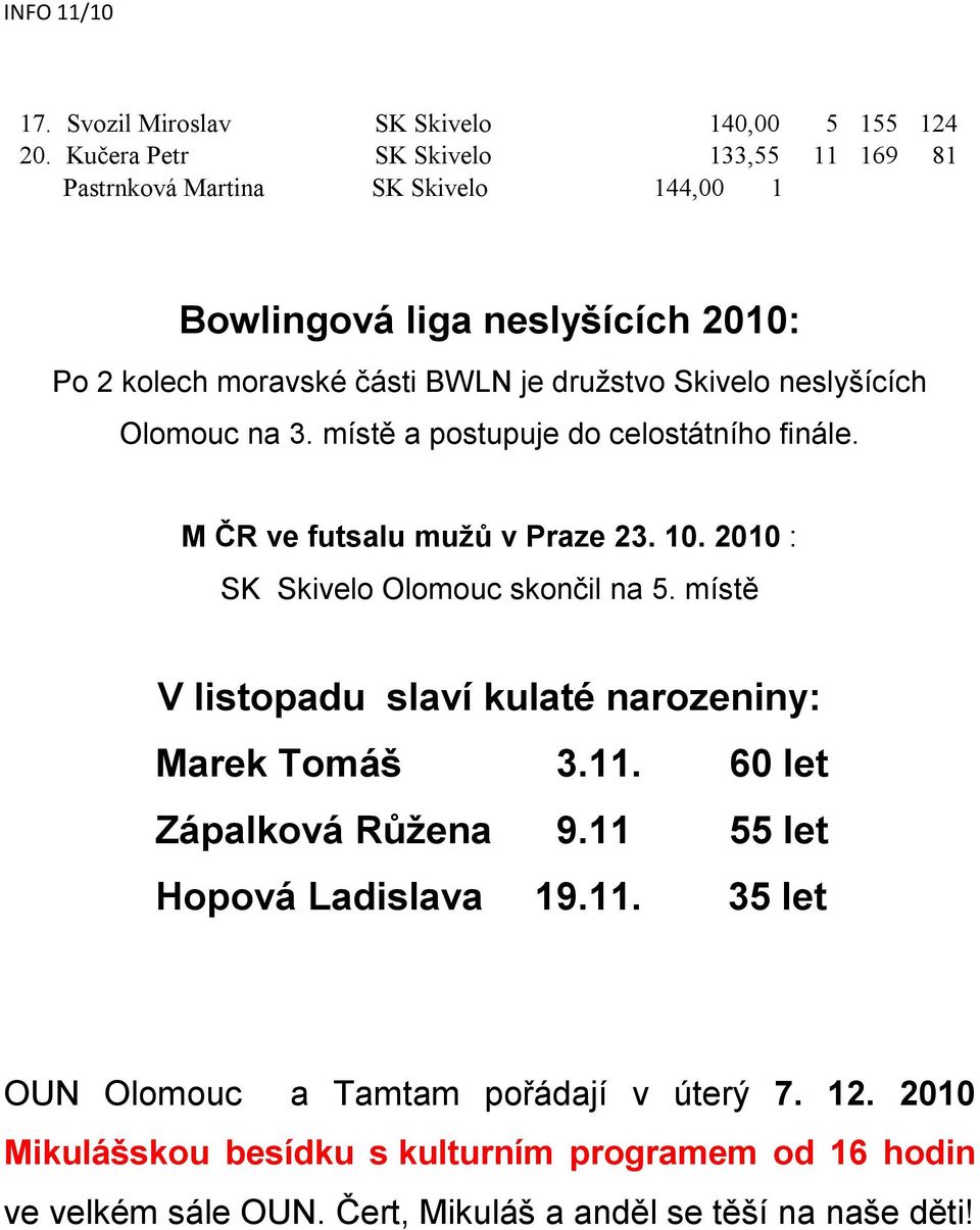 neslyšících Olomouc na 3. místě a postupuje do celostátního finále. M ČR ve futsalu mužů v Praze 23. 10. 2010 : SK Skivelo Olomouc skončil na 5.