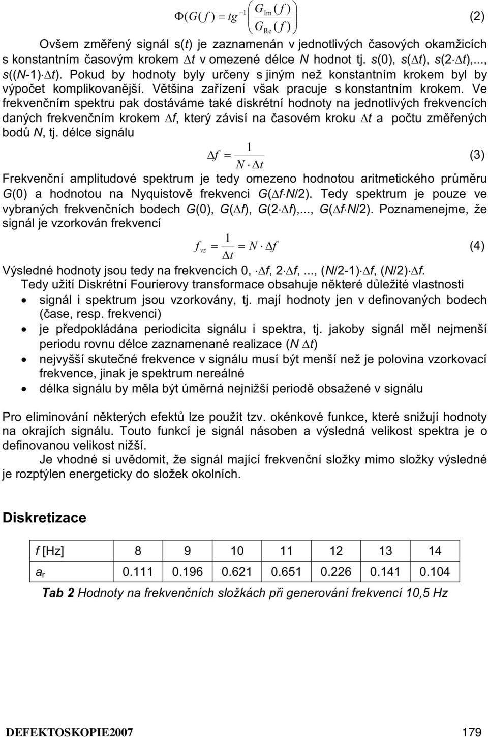 Ve frekvenním spektru pak dostáváme také diskrétní hodnoty na jednotlivých frekvencích daných frekvenním krokem f, který závisí na asovém kroku t a potu zmených bod N, tj.