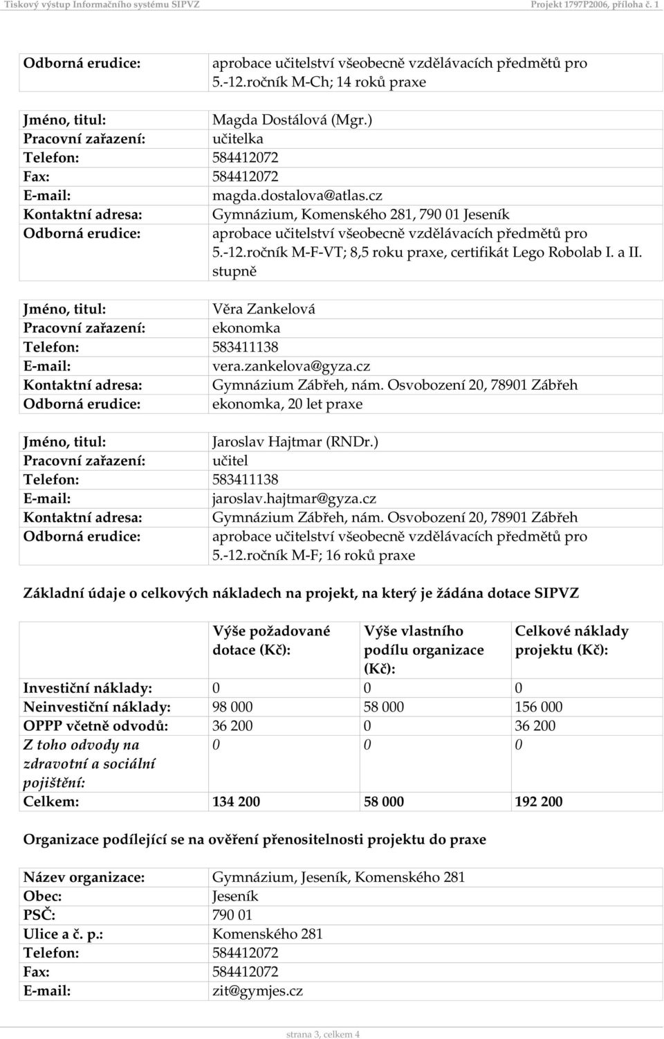 cz Kontaktní adresa: Gymnázium, Komenského 281, 790 01 Jeseník Odborná erudice: aprobace učitelství všeobecně vzdělávacích předmětů pro 5.-12.ročník M-F-VT; 8,5 roku praxe, certifikát Lego Robolab I.