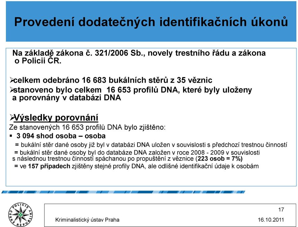 653 profilů DNA bylo zjištěno: 3 094 shod osoba osoba = bukální stěr dané osoby již byl v databázi DNA uložen v souvislosti s předchozí trestnou činností = bukální stěr dané