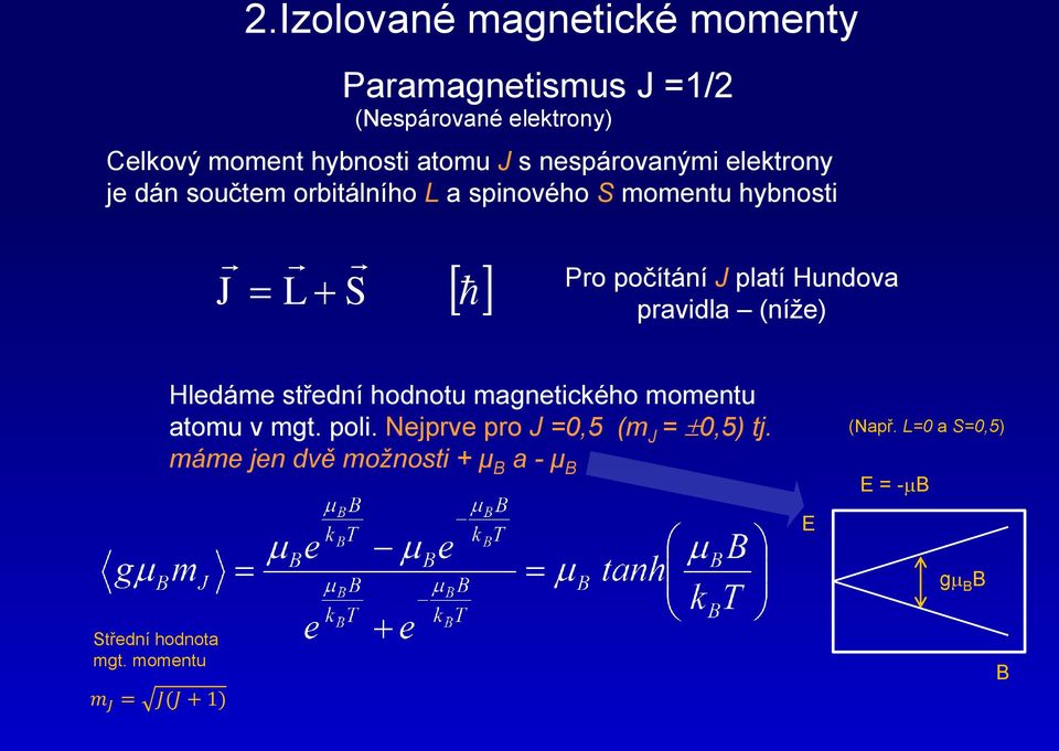 Hundova pravdla (níže) Hledáme střední hodnotu magnetckého momentu atomu v mgt. pol.