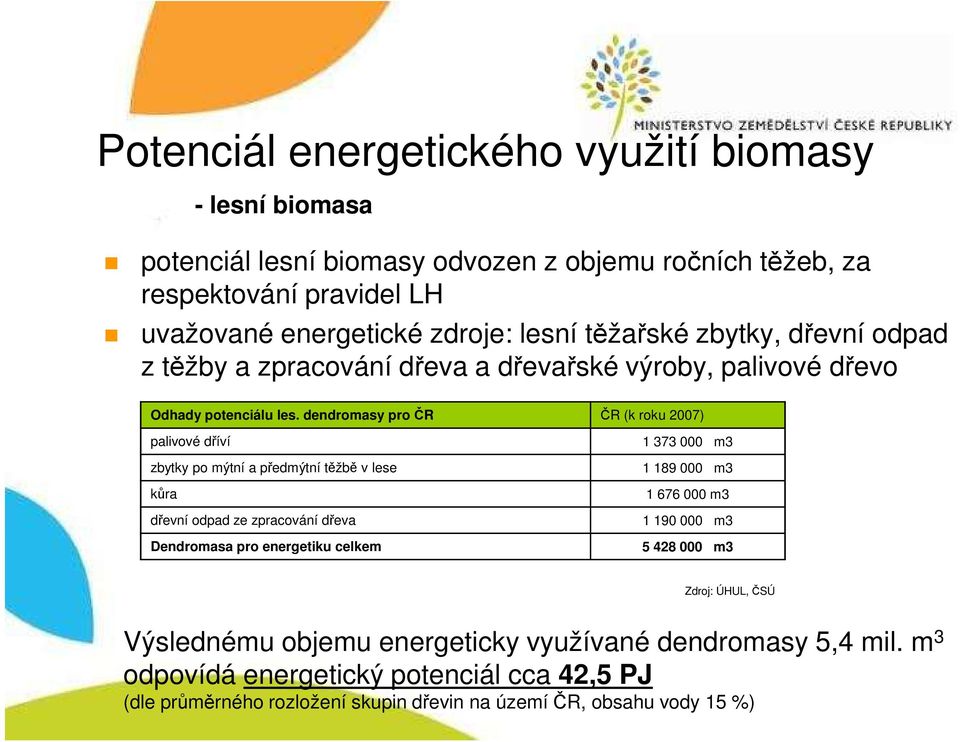 dendromasy pro ČR ČR (k roku 2007) palivové dříví 1 373 000 m3 zbytky po mýtní a předmýtní těžbě v lese 1 189 000 m3 kůra 1 676 000 m3 dřevní odpad ze zpracování dřeva 1 190 000