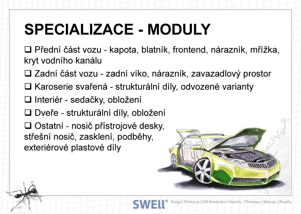 strukturální díly, odvozené varianty Interiér - sedačky, obložení Dveře - strukturální díly,