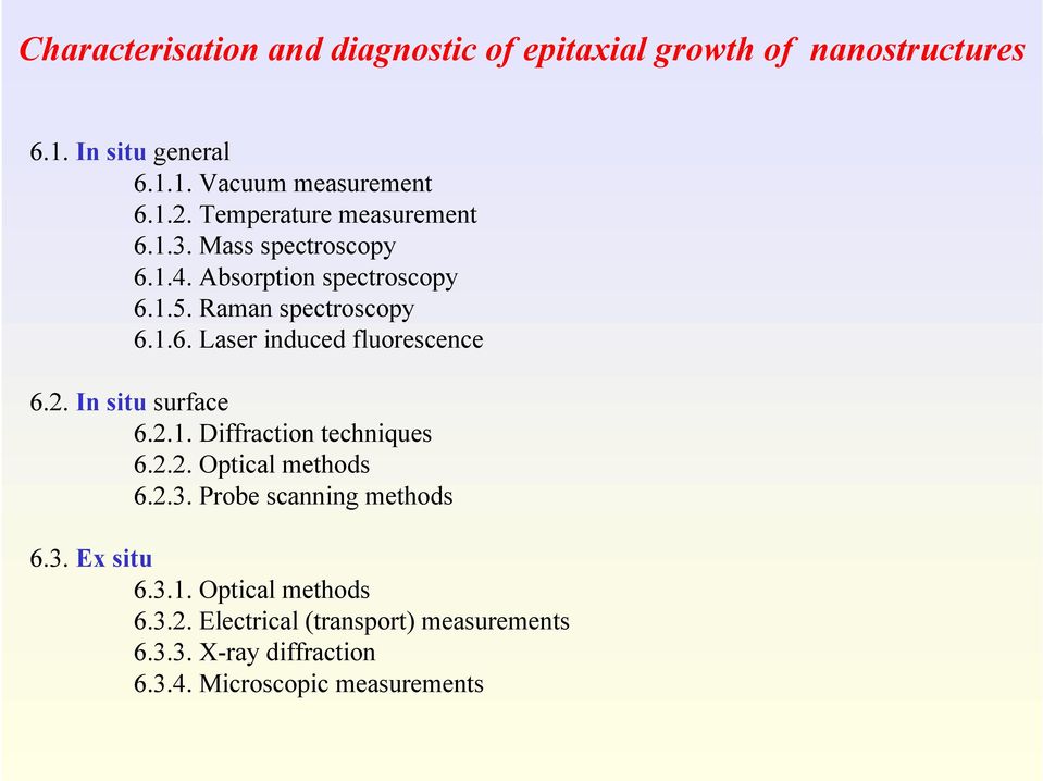2. In situ surface 6.2.1. Diffraction techniques 6.2.2. Optical methods 6.2.3. Probe scanning methods 6.3. Ex situ 6.3.1. Optical methods 6.3.2. Electrical (transport) measurements 6.