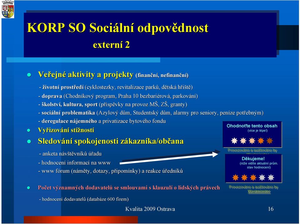 alarmy pro seniory, peníze potřebným) - deregulace nájemnn jemného a privatizace bytového fondu Vyřizov izování stížnost ností Sledování spokojenosti zákaznz kazníka/občanaana - anketa návštěvnn