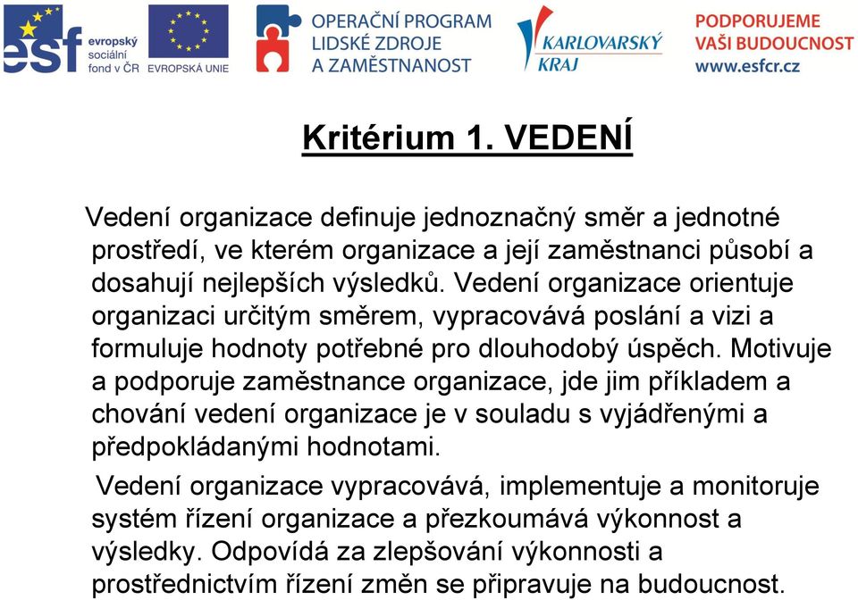 Motivuje a podporuje zaměstnance organizace, jde jim příkladem a chování vedení organizace je v souladu s vyjádřenými a předpokládanými hodnotami.