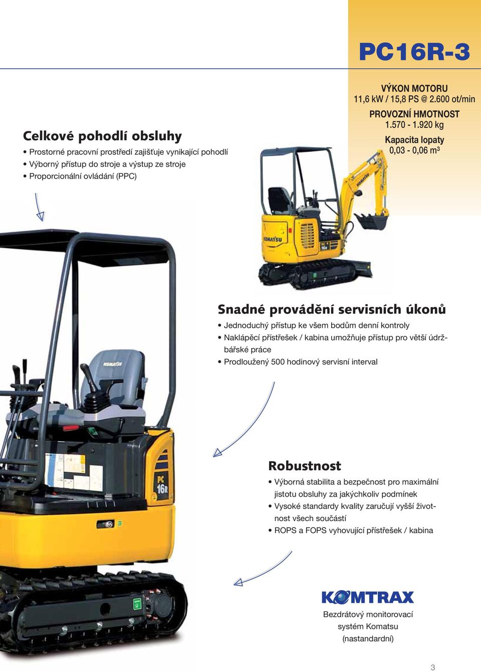 920 kg Kapacita lopaty 0,03-0,06 m³ Snadné provádění servisních úkonů Jednoduchý přístup ke všem bodům denní kontroly Naklápěcí přístřešek / kabina umožňuje přístup pro větší