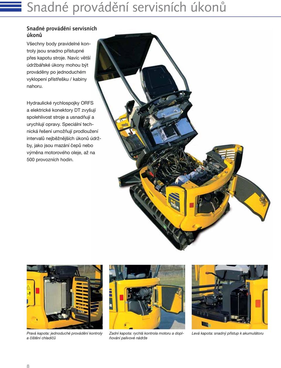 Hydraulické rychlospojky ORFS a elektrické konektory DT zvyšují spolehlivost stroje a usnadňují a urychlují opravy.