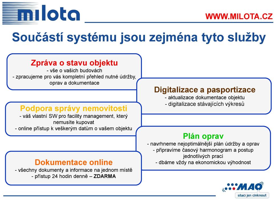 Podpora správy nemovitosti - váš vlastní SW pro facility management, který nemusíte kupovat - online přístup k veškerým datům o vašem objektu Dokumentace online -