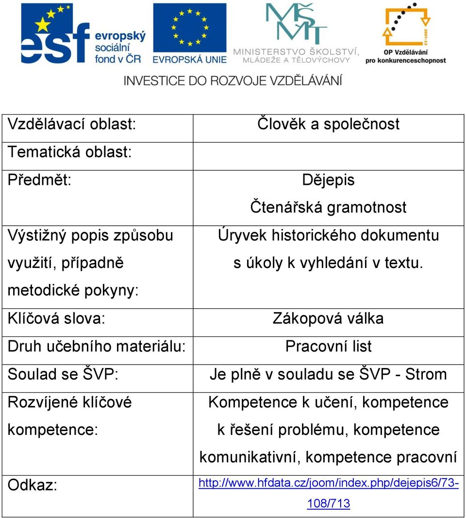 historického dokumentu s úkoly k vyhledání v textu.