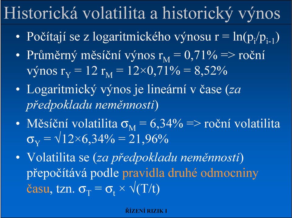 čase (za předpokladu neměnnosti) Měsíční volatilita σ M = 6,34% => roční volatilita σ Y = 12 6,34% = 21,96%