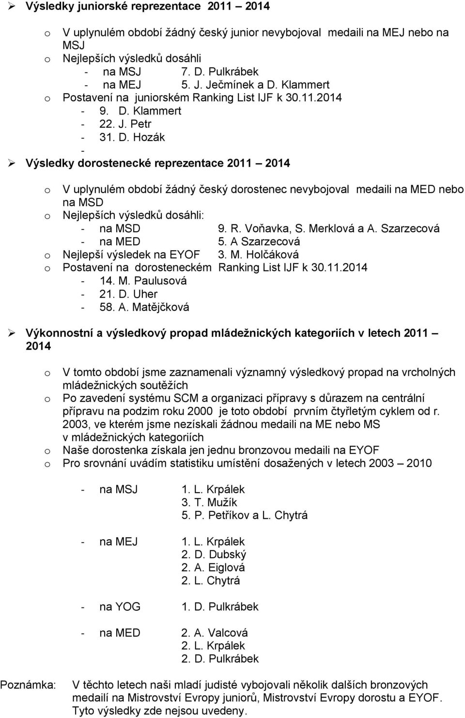 R. Voňavka, S. Merklová a A. Szarzecová - na MED 5. A Szarzecová o Nejlepší výsledek na EYOF 3. M. Holčáková o Postavení na dorosteneckém Ranking List IJF k 30.11.2014-14. M. Paulusová - 21. D.