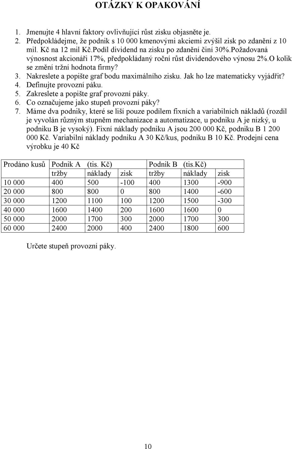 Jak ho lze matematicky vyjádřit? 4. Definujte provozní páku. 5. Zakreslete a popište graf provozní páky. 6. Co označujeme jako stupeň provozní páky? 7.