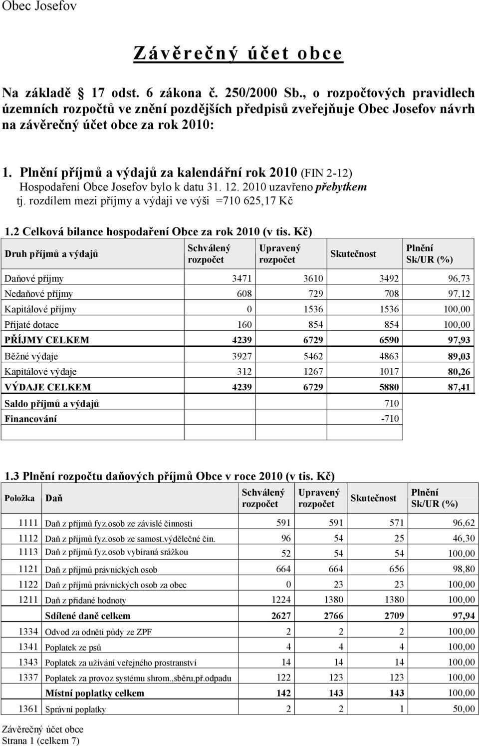 2 Celková bilance hospodaření Obce za rok 2010 (v tis.