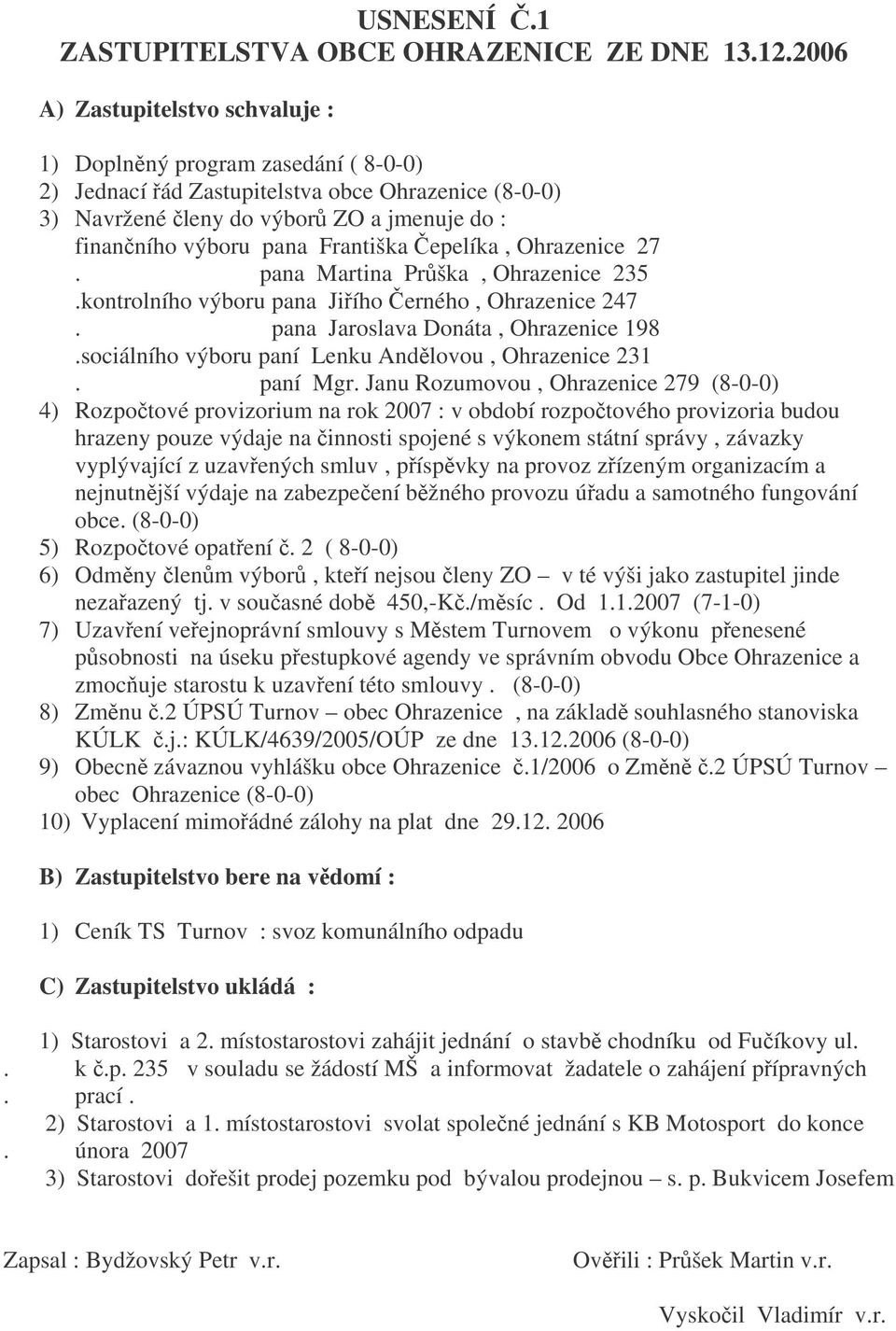 pana Martina Prška, Ohrazenice 235.kontrolního výboru pana Jiího erného, Ohrazenice 247. pana Jaroslava Donáta, Ohrazenice 198.sociálního výboru paní Lenku Andlovou, Ohrazenice 231. paní Mgr.