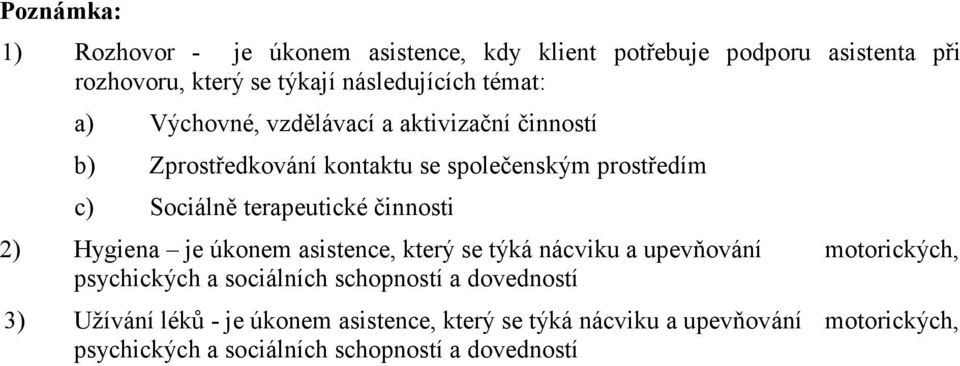 činnosti 2) Hygiena je úkonem asistence, který se týká nácviku a upevňování motorických, psychických a sociálních schopností a