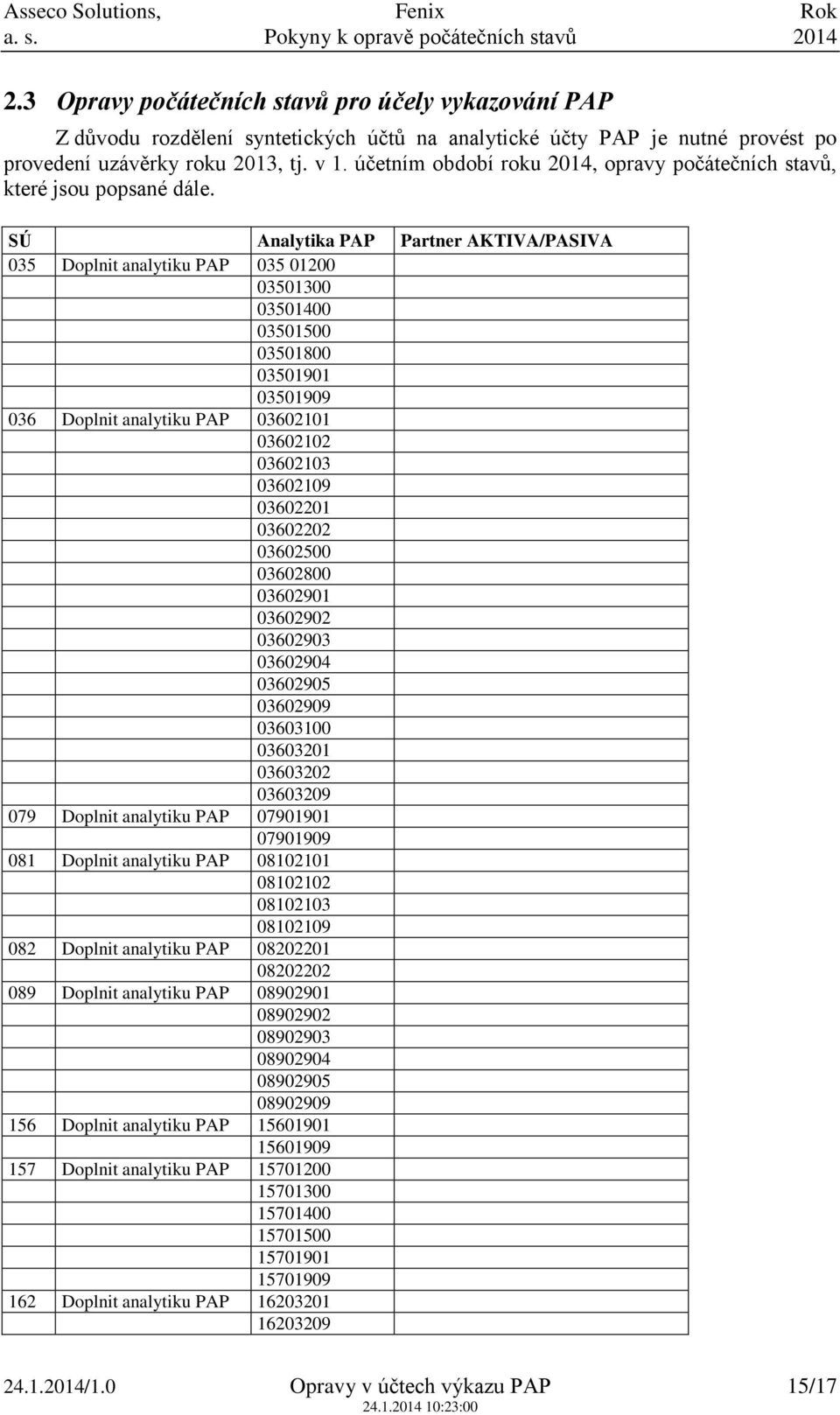 Analytika PAP Partner AKTIVA/PASIVA 035 Doplnit analytiku PAP 035 01200 03501300 03501400 03501500 03501800 03501901 03501909 036 Doplnit analytiku PAP 03602101 03602102 03602103 03602109 03602201