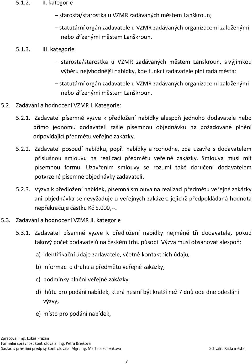 organizacemi založenými nebo zřízenými městem Lanškroun. 5.2. Zadávání a hodnocení VZMR I. Kategorie: 5.2.1.