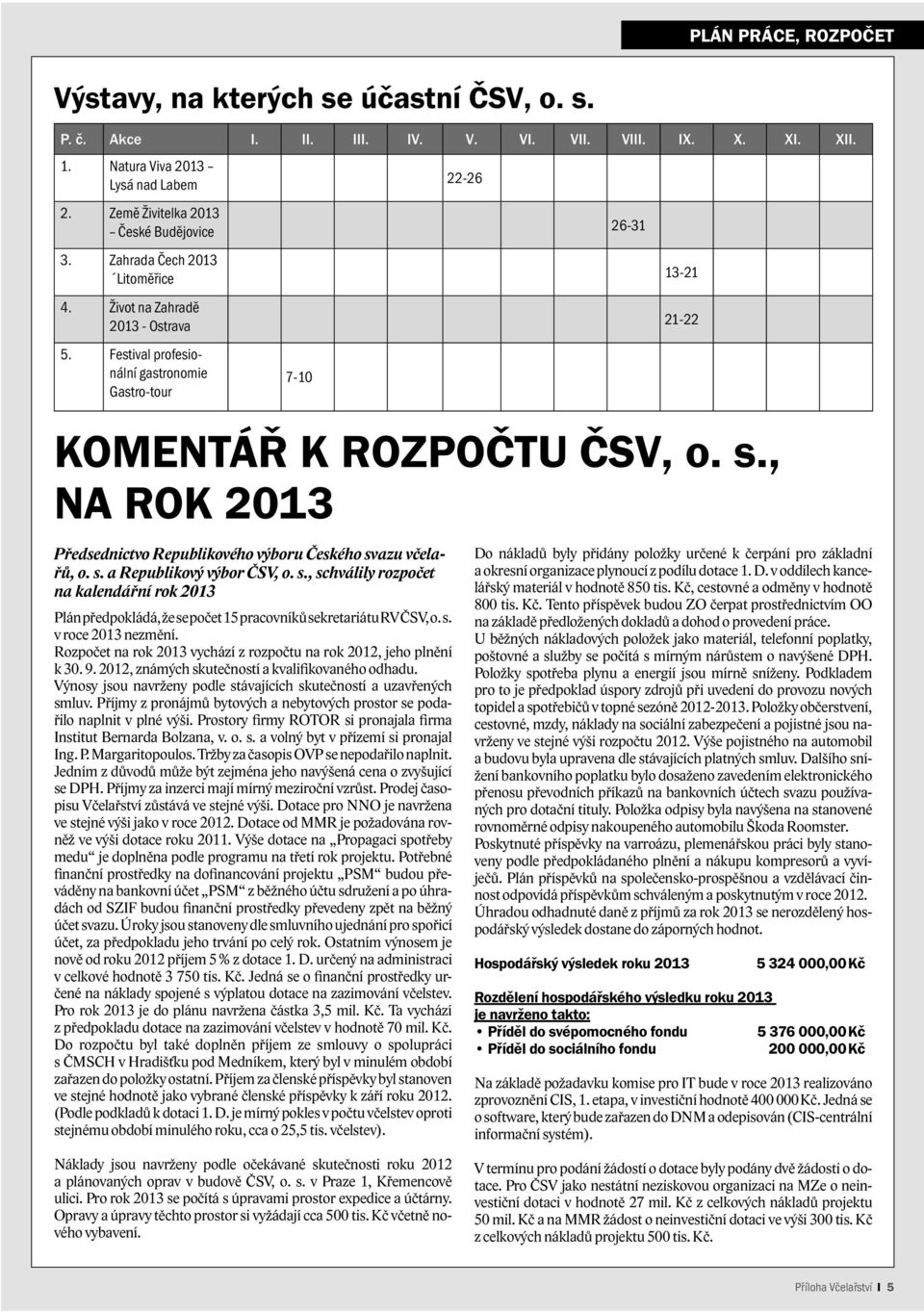s., schválily rozpočet na kalendářní rok 2013 Plán předpokládá, že se počet 15 pracovníků sekretariátu RV ČSV, o. s. v roce 2013 nezmění.