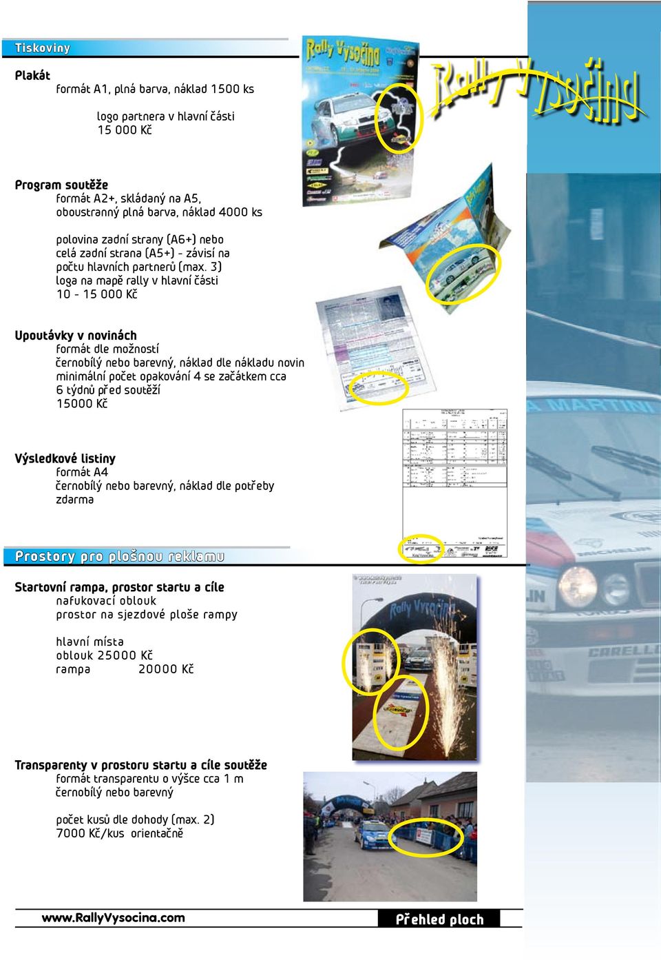 3) loga na mapě rally v hlavní části 10-15 000 Kč Upoutávky v novinách formát dle možností černobílý nebo barevný, náklad dle nákladu novin minimální počet opakování 4 se začátkem cca 6 týdnů před