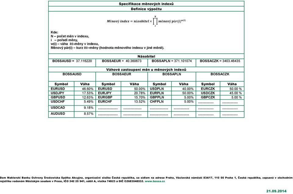 46435 Váhové zastoupení měn u měnových indexů BOSSAUSD BOSSAEUR BOSSAPLN BOSSACZK Symbol Váha Symbol Váha Symbol Váha Symbol Váha EURUSD 46.60% EURUSD 50.00% USDPLN 40.00% EURCZK 50.00 % USDJPY 17.