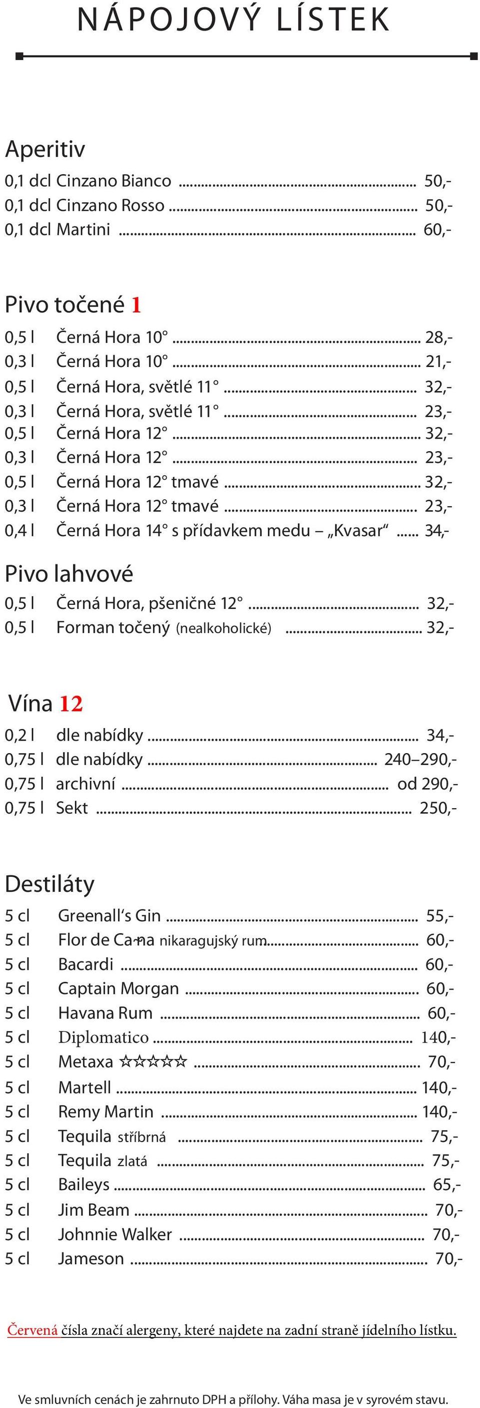 .. 23,- 0,4 l Černá Hora 14 s přídavkem medu Kvasar... 34,- Pivo lahvové 0,5 l Černá Hora, pšeničné 12... 32,- 0,5 l Forman točený (nealkoholické)... 32,- Vína 12 0,2 l dle nabídky.