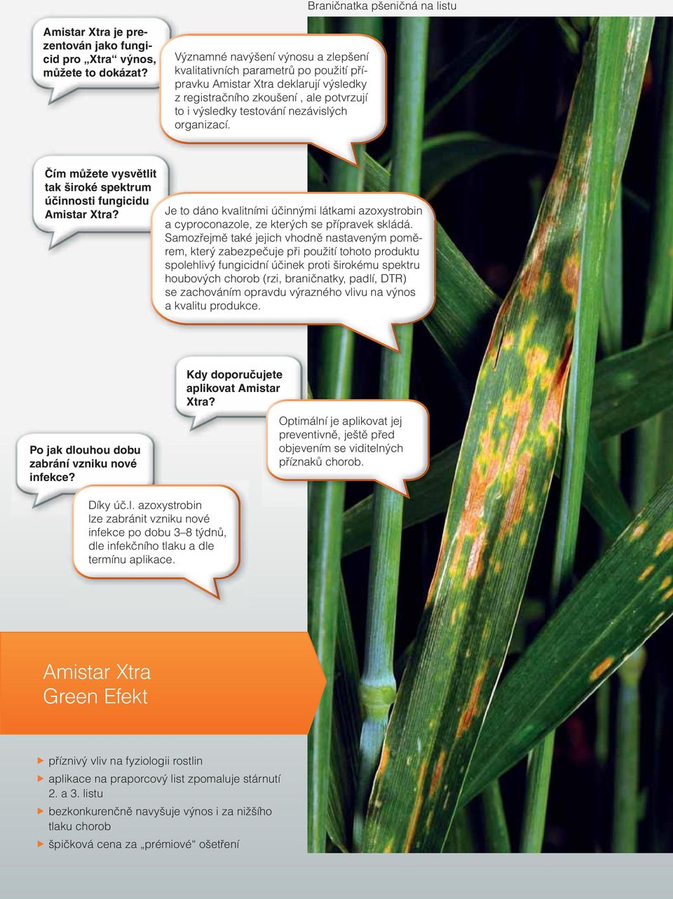 organizací. Čím můžete vysvětlit t tak široké spektrum účinnosti fungicidu u Amistar Xtra? Je to dáno kvalitními účinnými látkami azoxystrobin a cyproconazole, ze kterých se přípravek skládá.