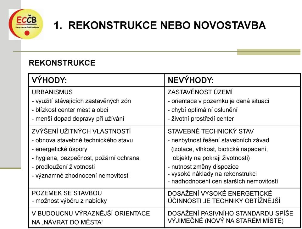 V BUDOUCNU VÝRAZNĚJŠÍ ORIENTACE NA NÁVRAT DO MĚSTA NEVÝHODY: ZASTAVĚNOST ÚZEMÍ - orientace v pozemku je daná situací - chybí optimální oslunění - životní prostředí center STAVEBNĚ TECHNICKÝ STAV -