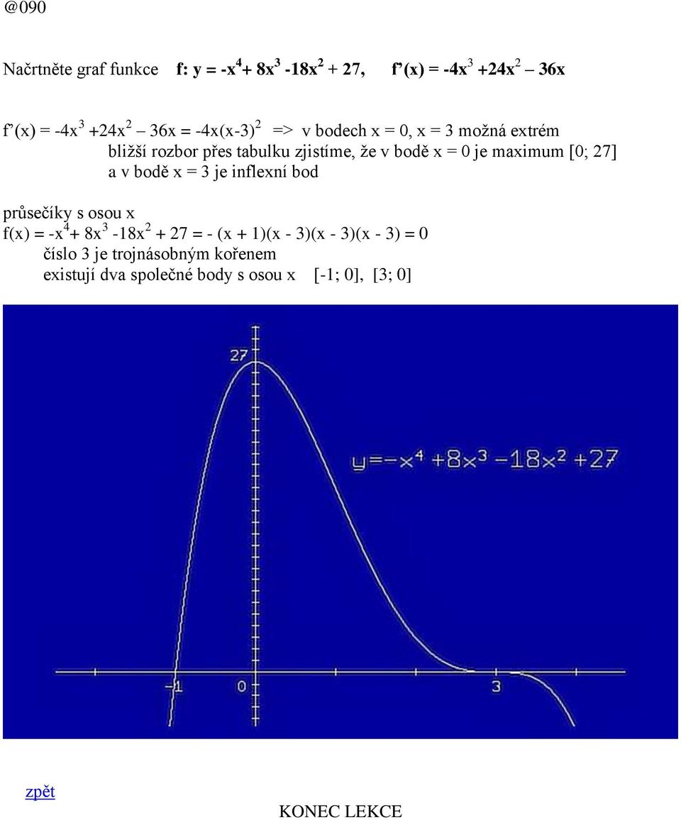 maximum [0; 27] a v bodě x = 3 je inflexní bod průsečíky s osou x f(x) = -x 4 + 8x 3-18x 2 + 27 = - (x + 1)(x