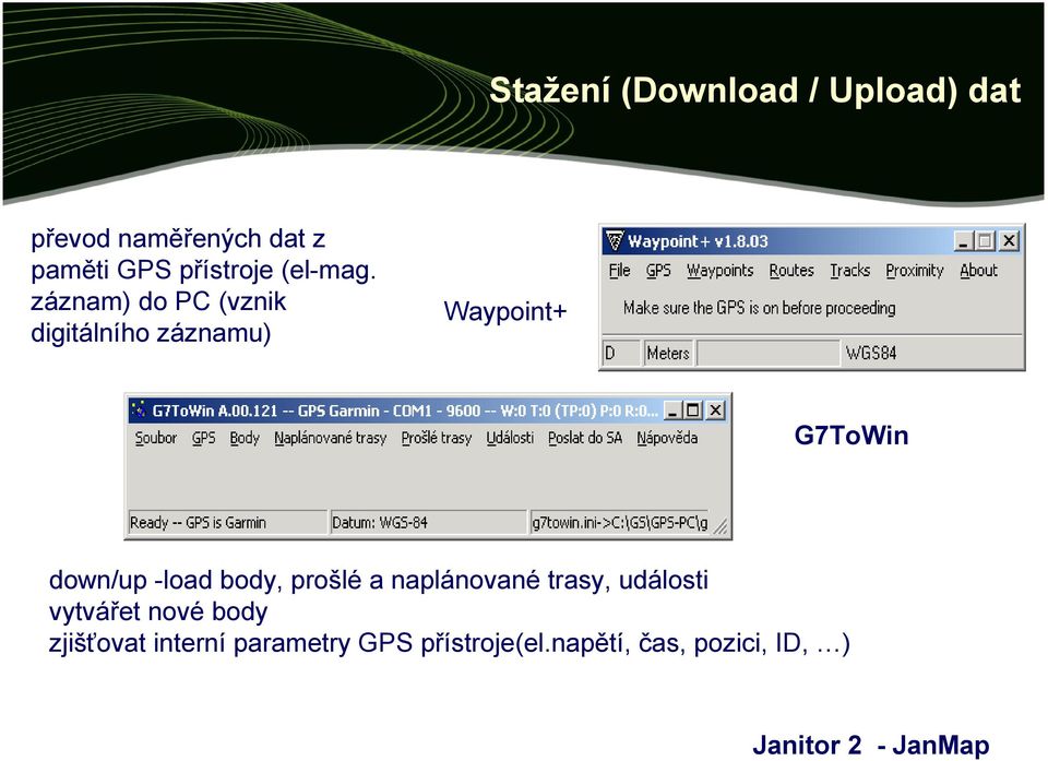 záznam) do PC (vznik digitálního záznamu) Waypoint+ G7ToWin down/up -load