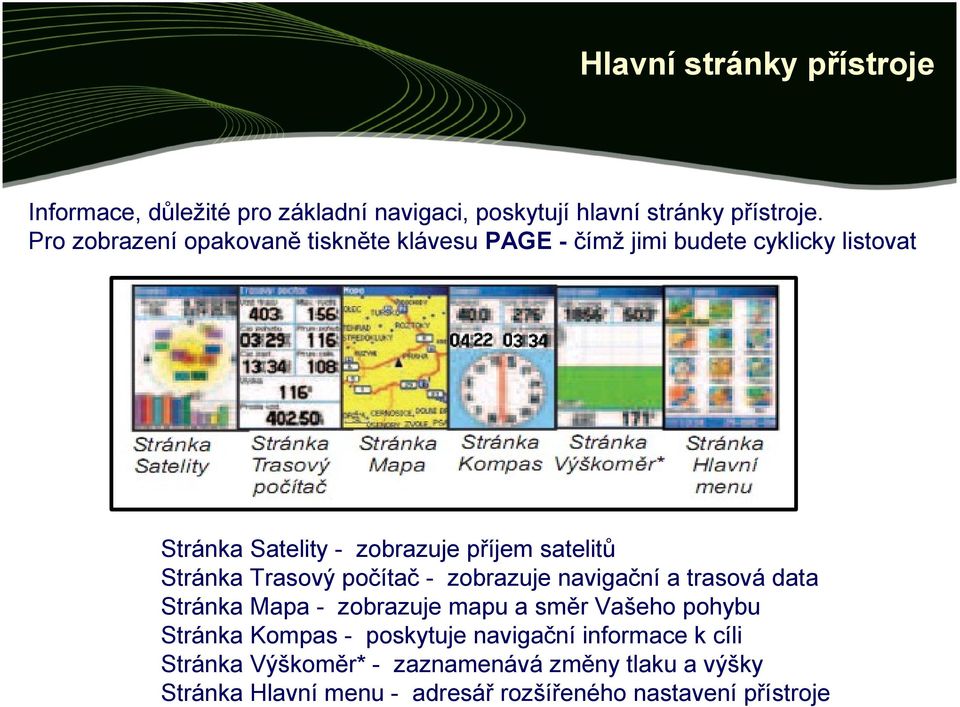 Stránka Trasový počítač - zobrazuje navigační a trasová data Stránka Mapa - zobrazuje mapu a směr Vašeho pohybu Stránka Kompas