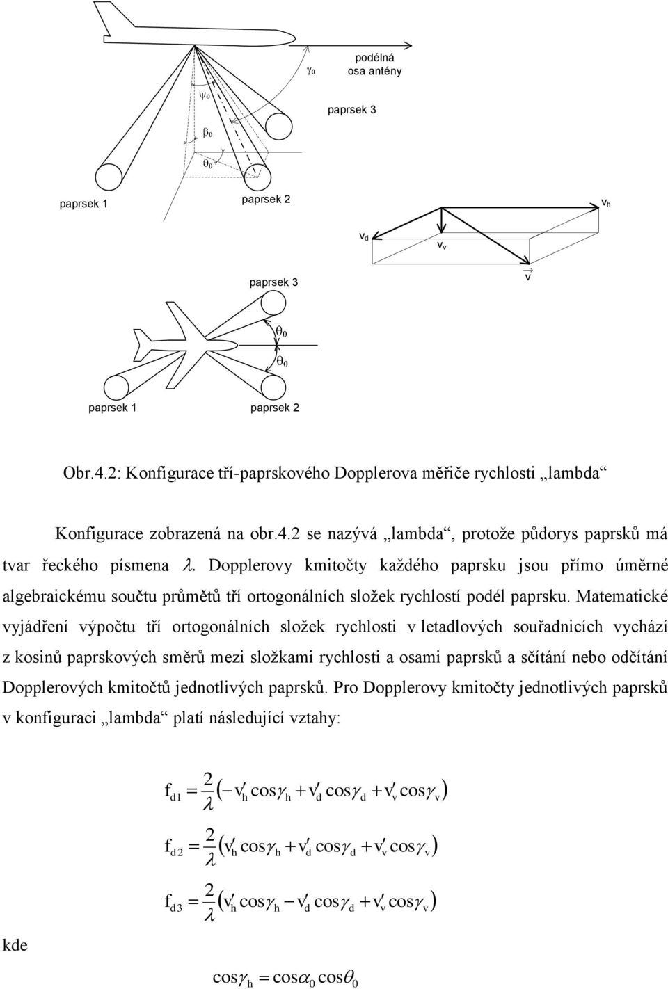 Matematické yjáření ýpočtu tří ortogonálníc složek ryclosti letaloýc souřanicíc ycází z kosinů paprskoýc směrů mezi složkami ryclosti a osami paprsků a sčítání nebo očítání