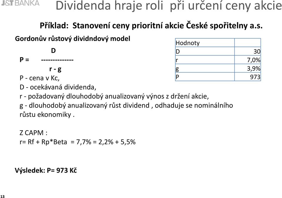 dividenda, r - požadovaný dlouhodobý anualizovaný výnos z držení akcie, g - dlouhodobý anualizovaný růst