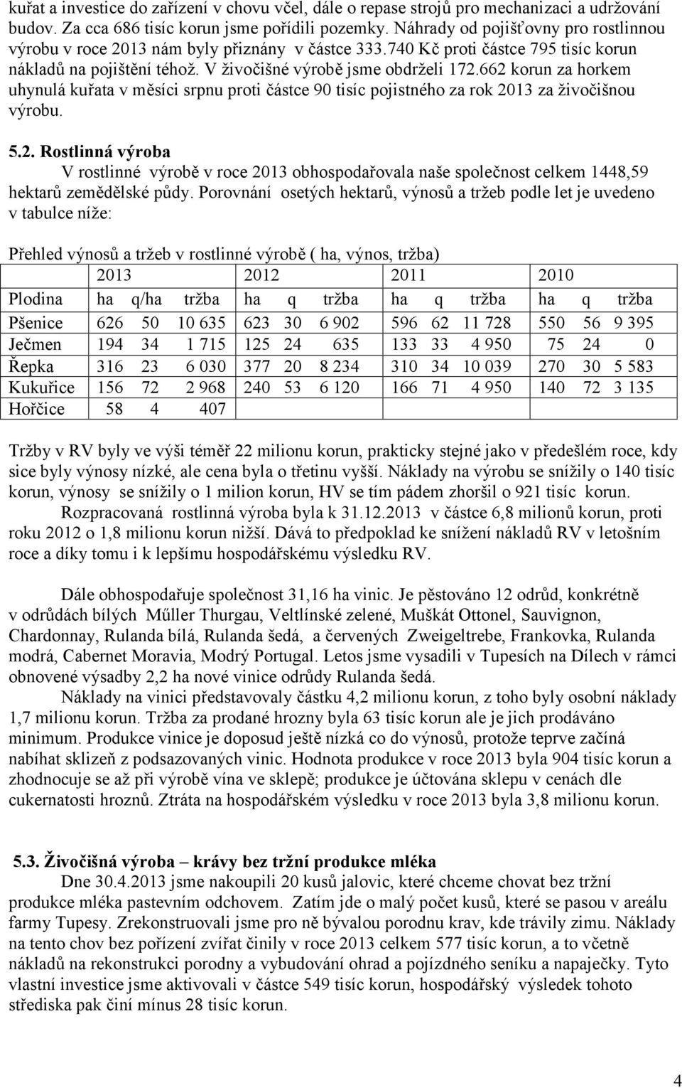 662 korun za horkem uhynulá kuřata v měsíci srpnu proti částce 90 tisíc pojistného za rok 2013 za živočišnou výrobu. 5.2. Rostlinná výroba V rostlinné výrobě v roce 2013 obhospodařovala naše společnost celkem 1448,59 hektarů zemědělské půdy.