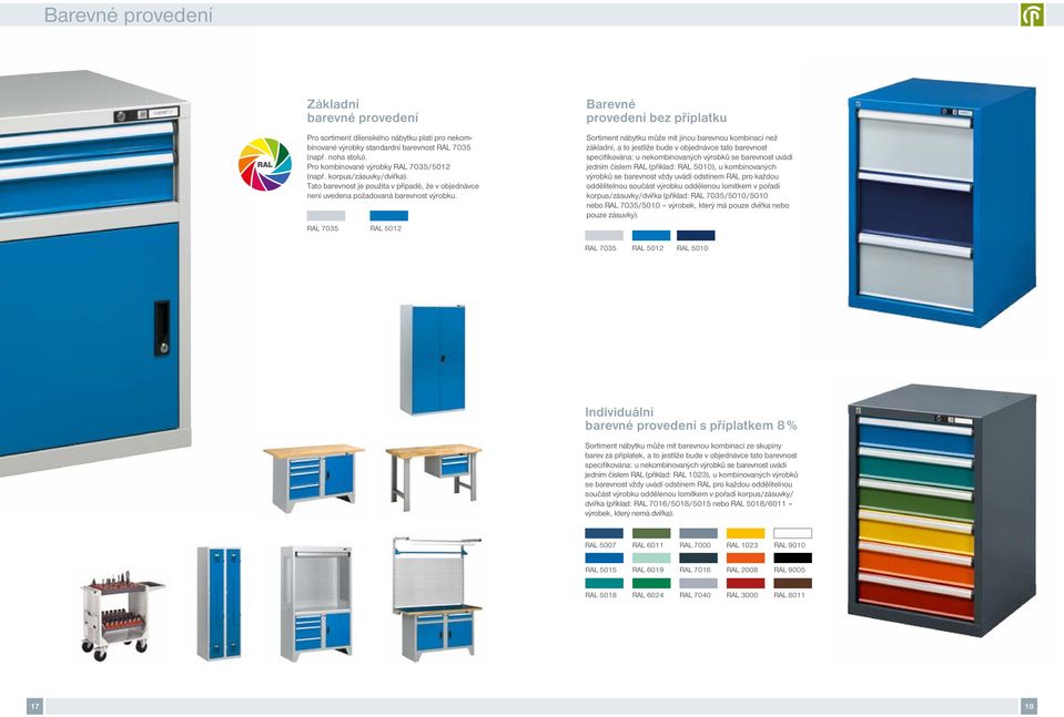 RAL 35 RAL 5012 Barevné provedení bez příplatku Sortiment nábytku může mít jinou barevnou kombinaci než základní, a to jestliže bude v objednávce tato barevnost specifikována: u nekombinovaných