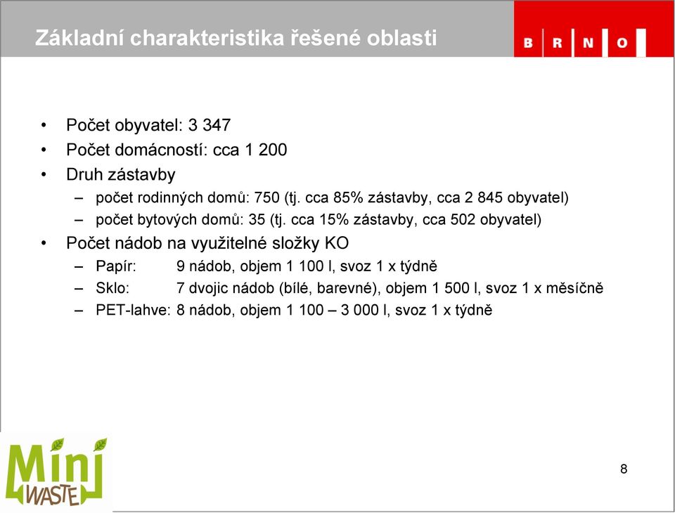 cca 15% zástavby, cca 502 obyvatel) Počet nádob na využitelné složky KO Papír: 9 nádob, objem 1 100 l, svoz 1 x