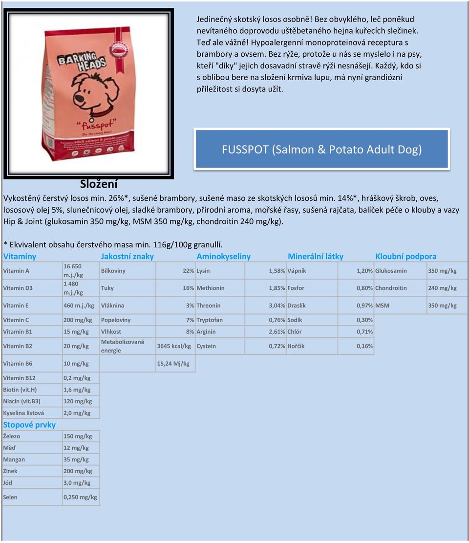 FUSSPOT (Salmon & Potato Adult Dog) Vykostěný čerstvý losos min. 26%*, sušené brambory, sušené maso ze skotských lososů min.