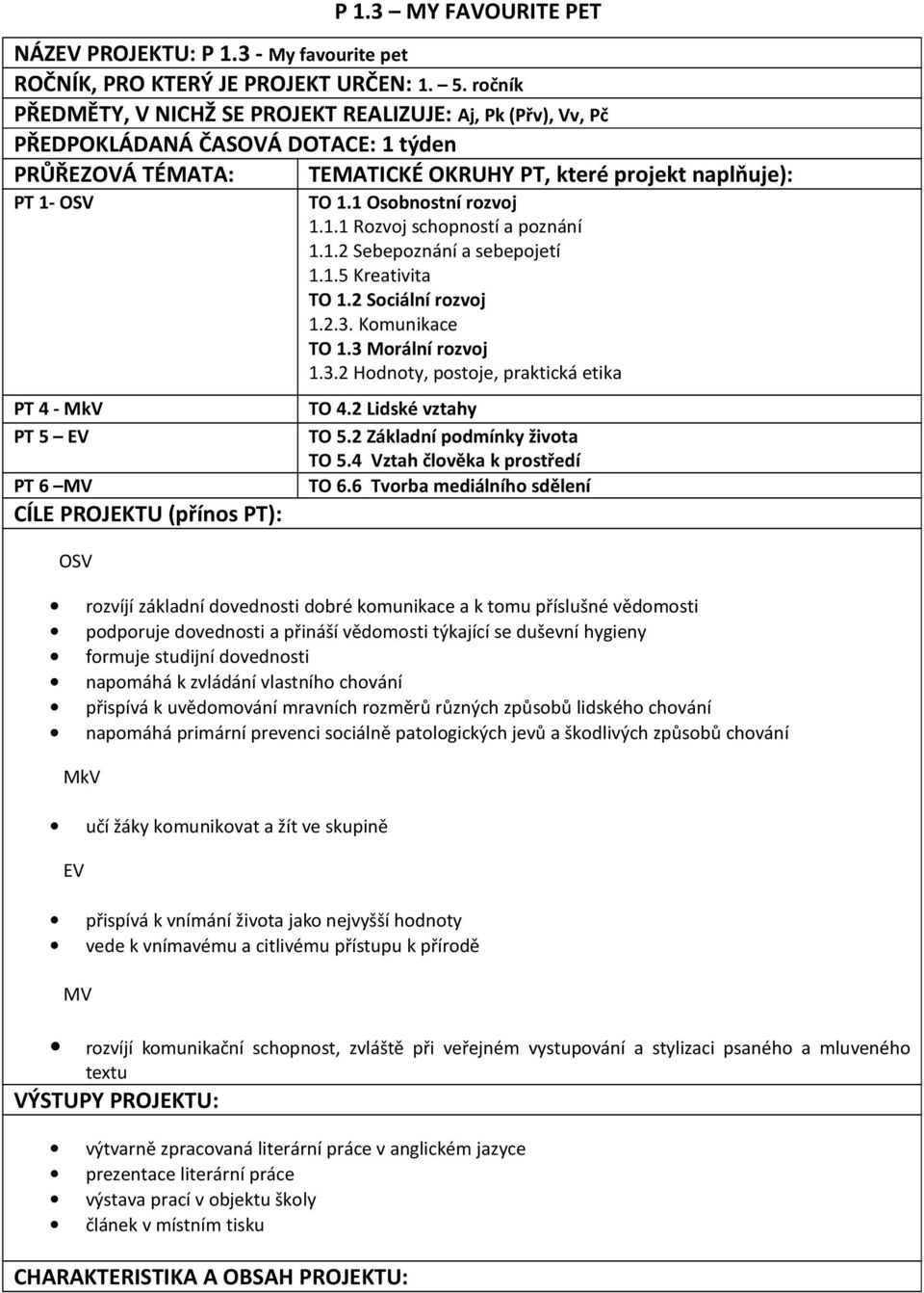 6 MV CÍLE PROJEKTU (příns PT): OSV TO 1.1 Osbnstní rzvj 1.1.1 Rzvj schpnstí a pznání 1.1.2 Sebepznání a sebepjetí 1.1.5 Kreativita TO 1.2 Sciální rzvj 1.2.3. Kmunikace TO 1.3 Mrální rzvj 1.3.2 Hdnty, pstje, praktická etika TO 4.