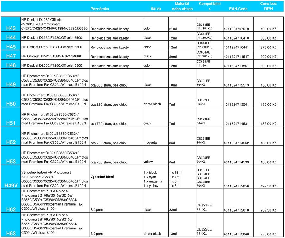 Renovace zaslané kazety color 12ml CB338EE (Nr. 351XL) 4011324707519 420,00 Kč CC641EE (Nr. 300XL) 4011324710410 300,00 Kč CC644EE (Nr. 300XL) 4011324710441 375,00 Kč CC654AE (Nr.