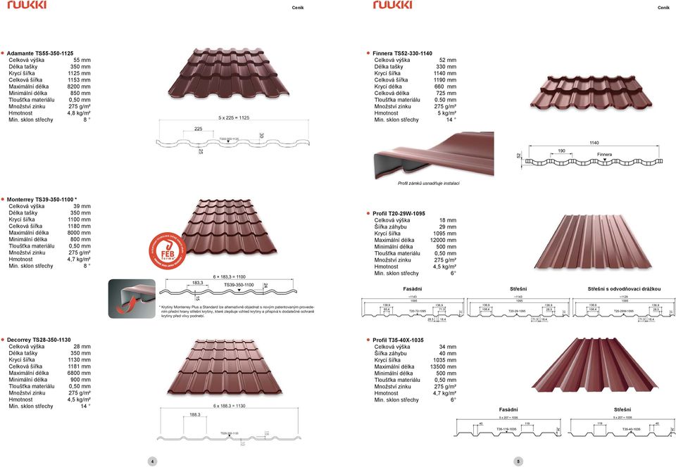 sklon střechy 14 Profil zámků usnadňuje instalaci Monterrey TS39-350-00 * 39 mm 350 mm 00 mm Celková šířka 0 mm Maximální délka 000 mm Minimální délka 00 mm 4, kg/m² Min.
