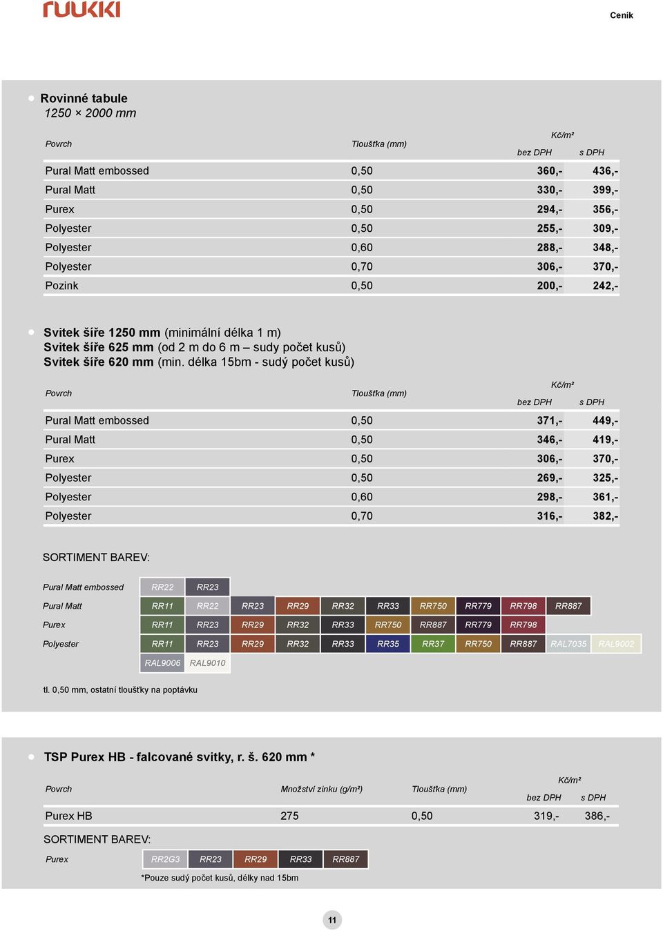 délka 15bm - sudý počet kusů) Povrch Tloušťka (mm) bez DPH Pural Matt embossed 0,50 371,- 449,- Pural Matt 0,50 346,- 419,- Purex 0,50 306,- 370,- Polyester 0,50 269,- 325,- Polyester 0,60 298,-