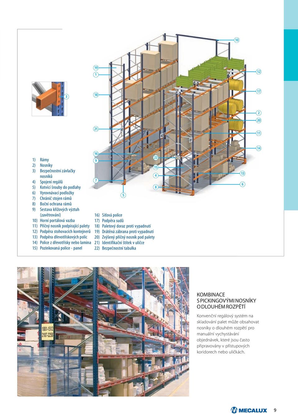 nebo lamina 15) Pozinkovaná police - panel 16 9 7 5 16) Síťová police 17) Podpěra sudů 18) Paletový doraz proti vypadnutí 19) Drátěná zábrana proti vypadnutí 20) Zvýšený příčný nosník pod palety 21)