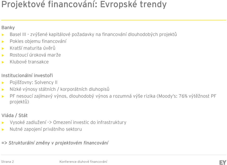 dluhopisů PF nesoucí zajímavý výnos, dlouhodobý výnos a rozumná výše rizika (Moody s: 76% výtěžnost PF projektů) Vláda / Stát Vysoké zadlužení ->