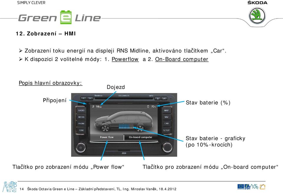 On-Board computer Popis hlavní obrazovky: Dojezd ipojení Stav baterie (%) Stav