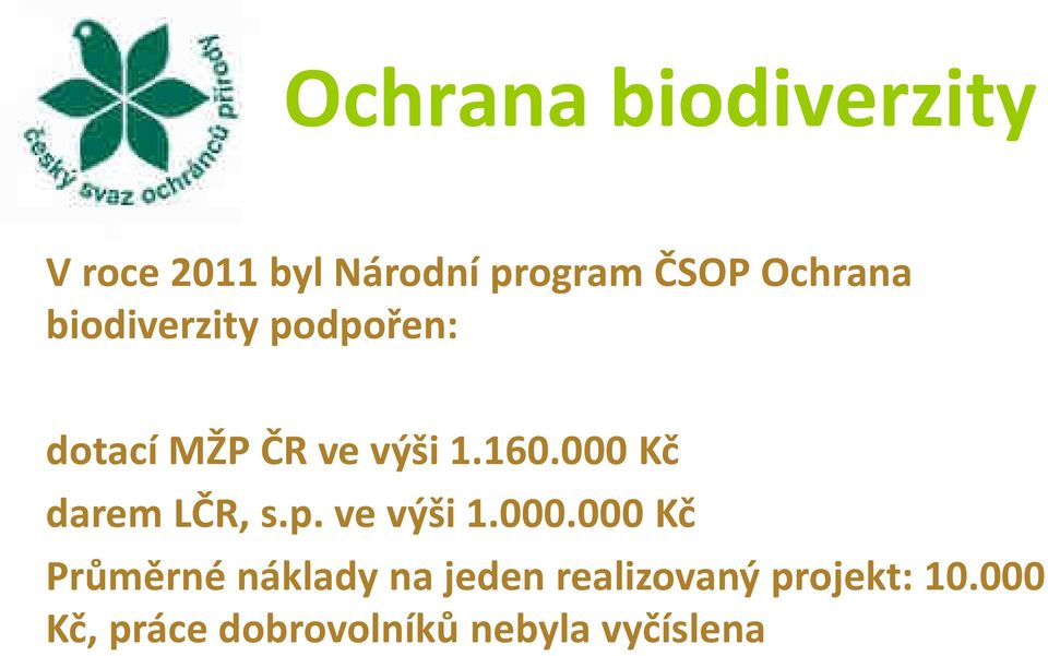 000 Kč darem LČR, s.p. ve výši 1.000.000 Kč Průměrné náklady na jeden realizovaný projekt: 10.