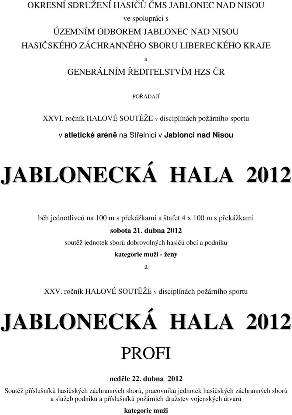 překážkami sobota 21. dubna 2012 soutěž jednotek sborů dobrovolných hasičů obcí a podniků kategorie muži - ženy a XXV.