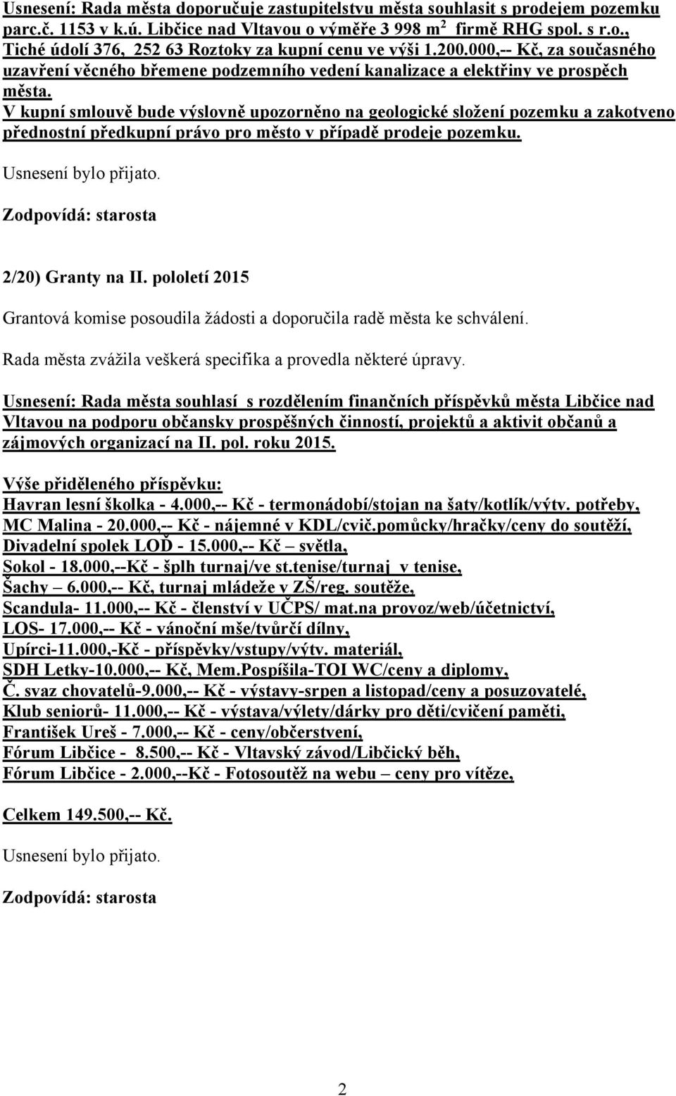 V kupní smlouvě bude výslovně upozorněno na geologické složení pozemku a zakotveno přednostní předkupní právo pro město v případě prodeje pozemku. 2/20) Granty na II.