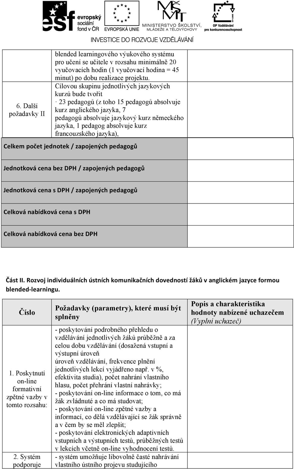 kurz francouzského jazyka), Celkem počet jednotek / zapojených pedagogů Jednotková cena bez DPH / zapojených pedagogů Jednotková cena s DPH / zapojených pedagogů Celková nabídková cena s DPH Celková