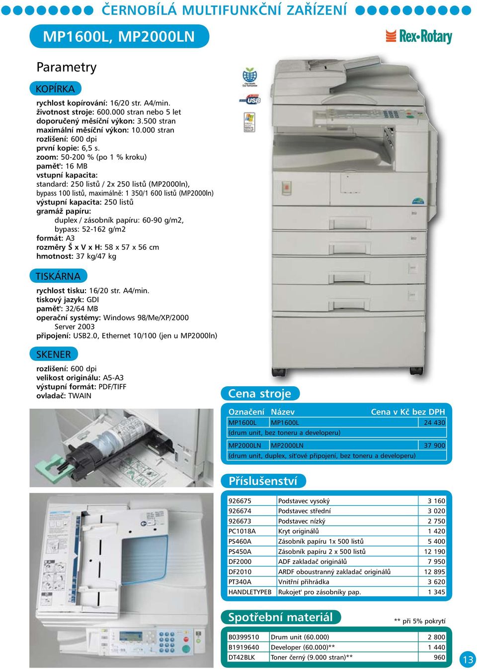 zoom: 50-200 % (po 1 % kroku) pamět': 16 MB vstupní kapacita: standard: 250 listů / 2x 250 listů (MP2000ln), bypass 100 listů, maximálně: 1 350/1 600 listů (MP2000ln) výstupní kapacita: 250 listů